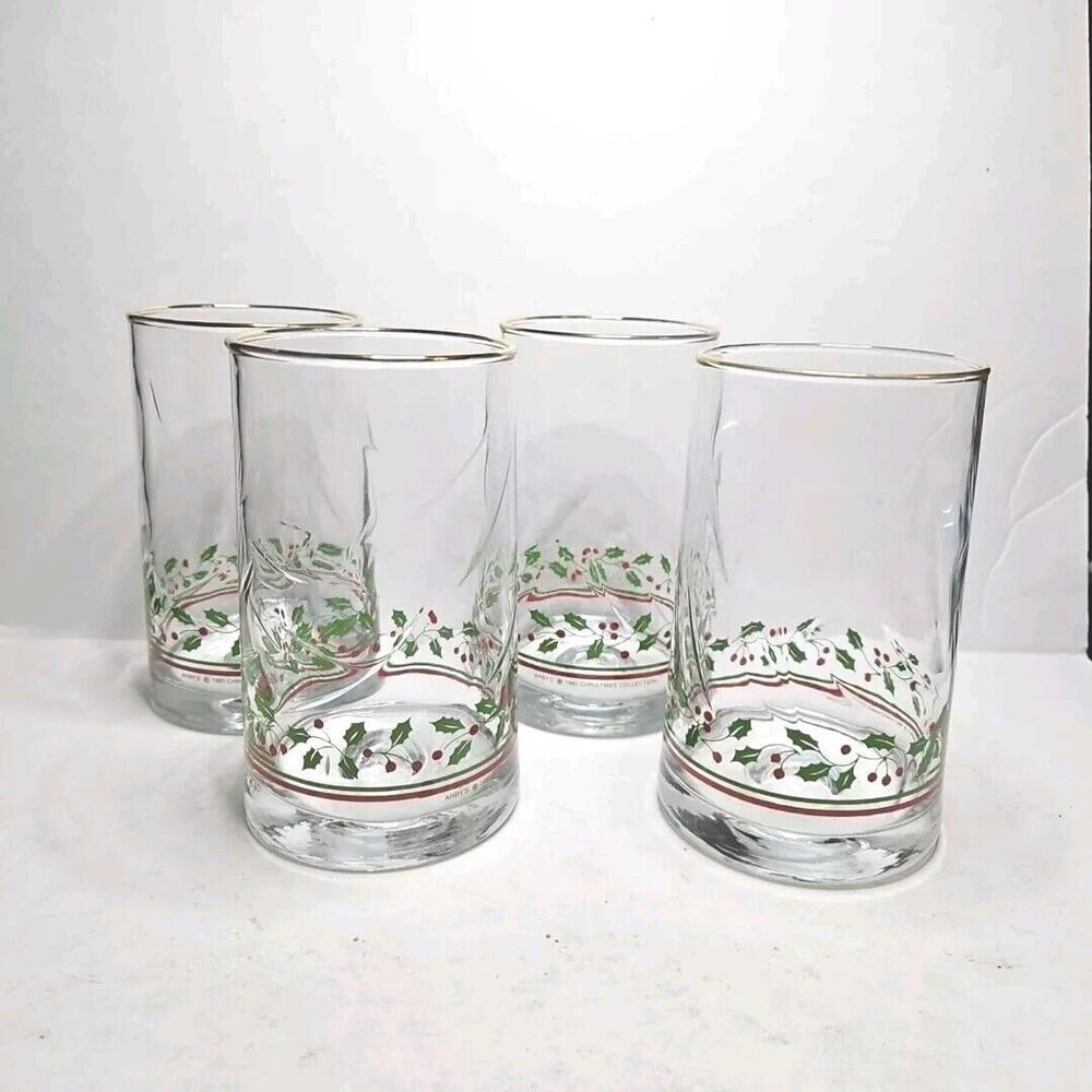 1983 Arby's Christmas Holly & Berry Gold Tone Rim 14 oz Drinking Glasses 4 PCs
